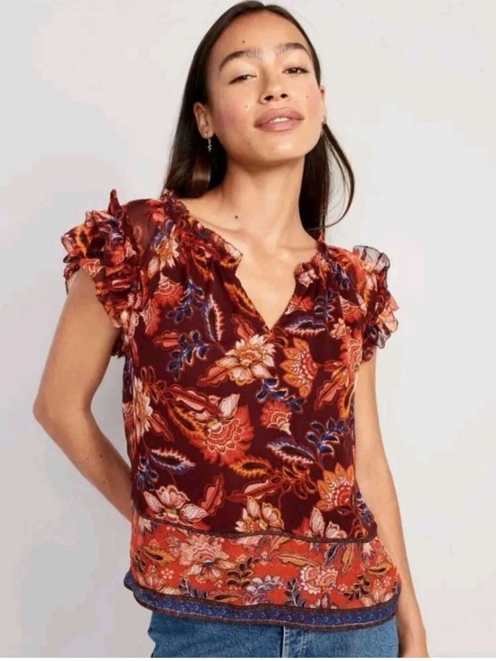 Old Navy Fall Top Ruffled Chiffon Blouse Rust Floral Flutter Sleeves Sm Nwt